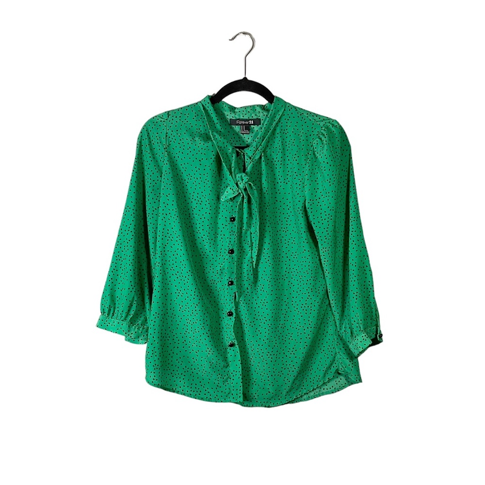 Forever 21 Polka Dot Button Down Tie Neckline Business Casual Blouse Size Medium